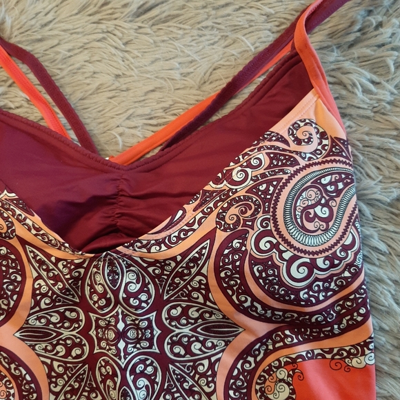 Athleta Orange Paisley Side-Scrunch Tankini Top size ST (Small Tall) - Picture 6 of 15